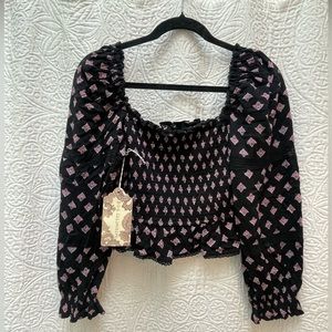 BOG Collective Black and Pink smocked cropped blouse. Size S. NWT.